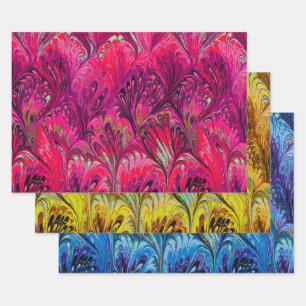 PAPEL MARBLADO,PATRÓN AMARILLO AZUL ROJO ABSTRACTO