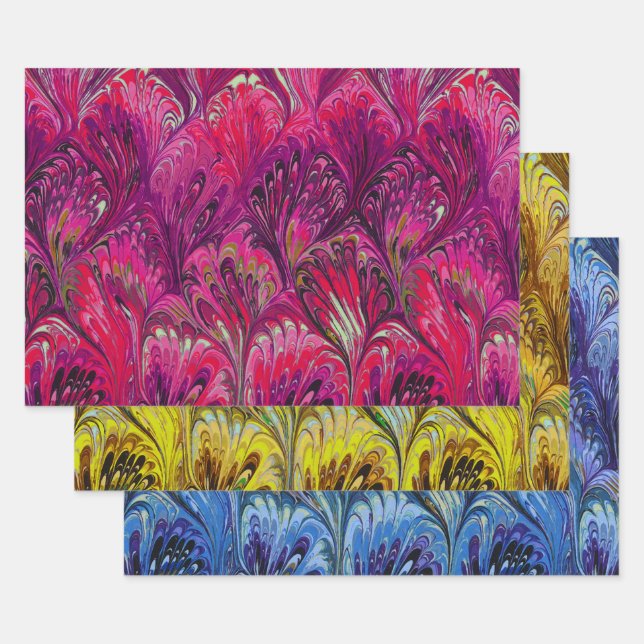 PAPEL MARBLADO,PATRÓN AMARILLO AZUL ROJO ABSTRACTO (Set)