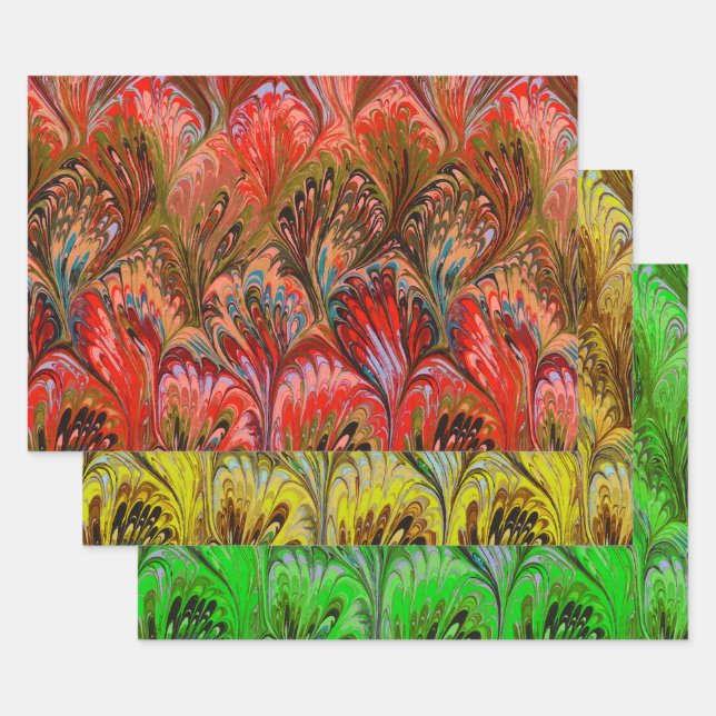 PAPEL MARBLADO, PATRÓN AMARILLO ROJO ABSTRACTO (Set)