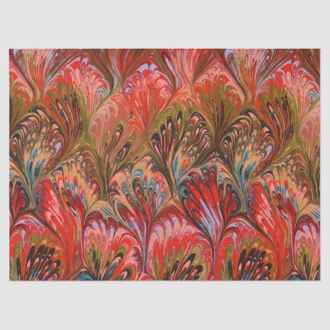 PAPEL MARBLADO, PATRÓN DE PELO AZUL ROJO ABSTRACTO (Anverso)