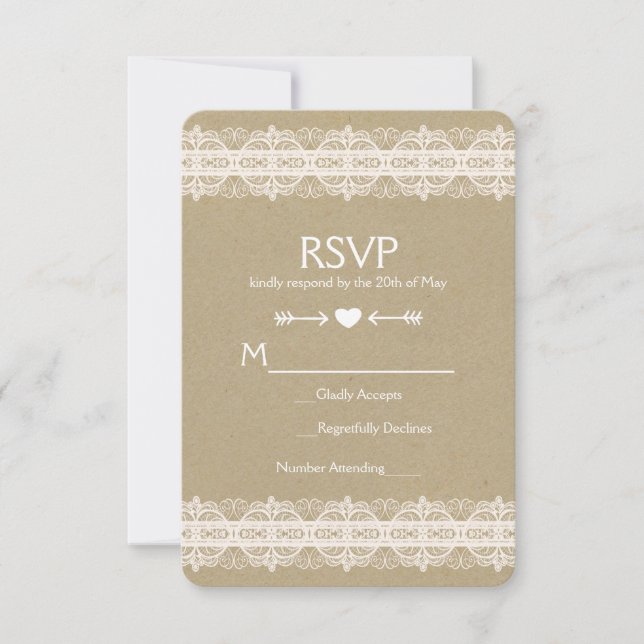 Papel marrón y encaje natural rústico RSVP de boda (Anverso)