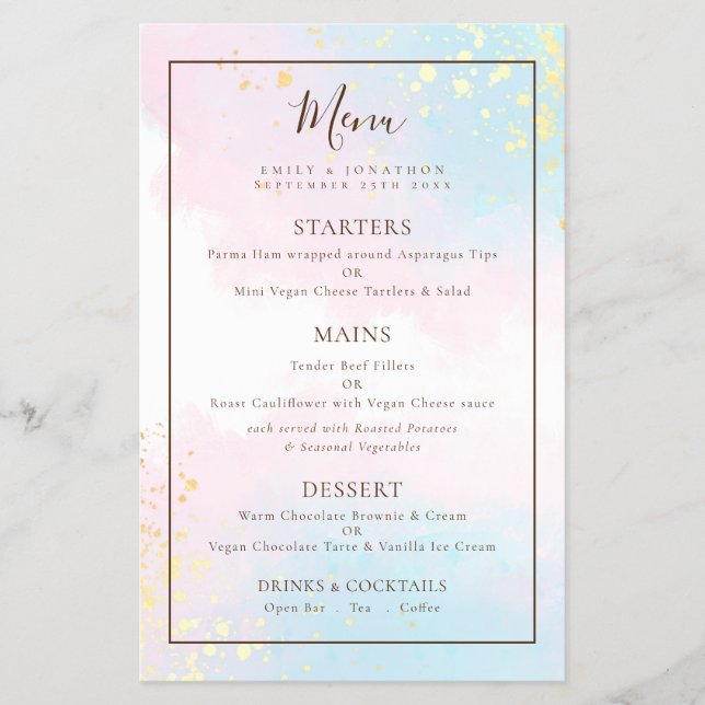 PAPEL | Menú Boda de acuarelas Verde azuladas rosa (Frente)