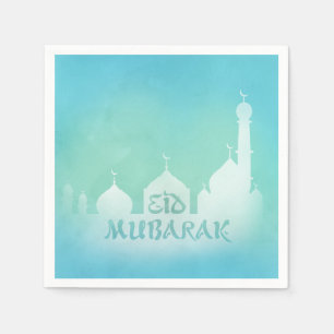 Papel Mezquita de acuarela azul Eid Mubarak - servilleta