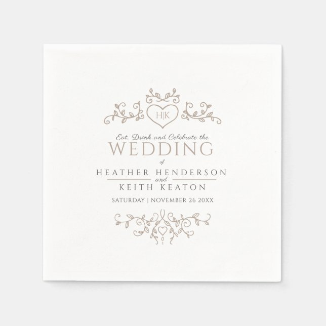 Papel Monograma cardíaco de línea de hoja tan servilleta (Anverso)