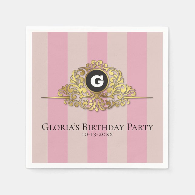 Papel Monograma de oro rosa y beige elegante servilleta (Anverso)