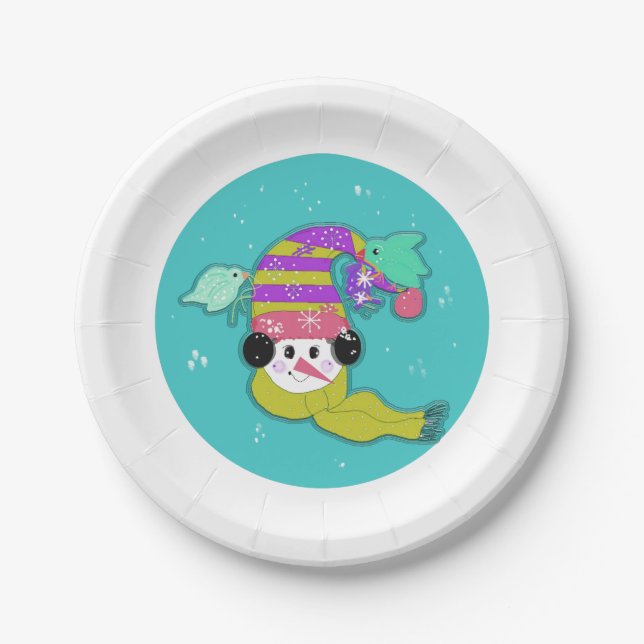 Papel Muñeco de nieve Aqua Pájaros de Invierno Plato de  (Anverso)