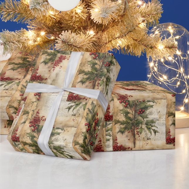 Papel Navideño Rústico Vintage Acebo Bayas Rojas (Vacaciones)