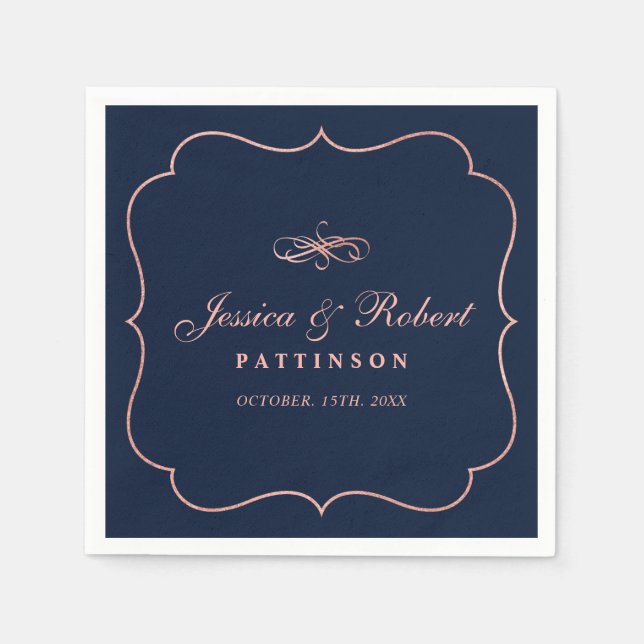 Papel Navy y Rosa Oro | Servilleta de Boda Clásica Elega (Anverso)