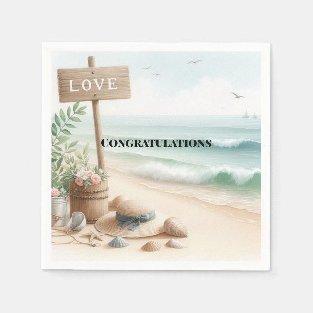 Papel Olas de Playa Amor Felicitaciones Servilleta (Anverso)