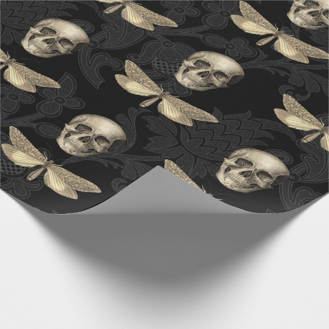 Papel para envolver de encaje negro de cráneo y ma (Esquina)