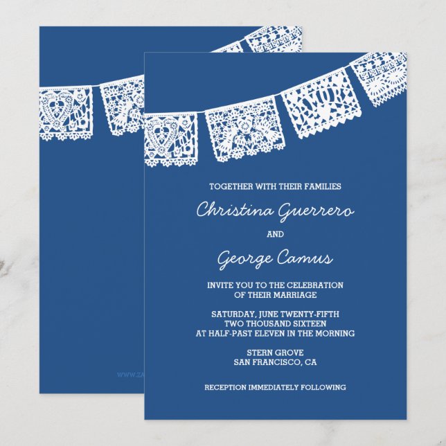 Papel picado azul | Invitación a la boda (Anverso / Reverso)