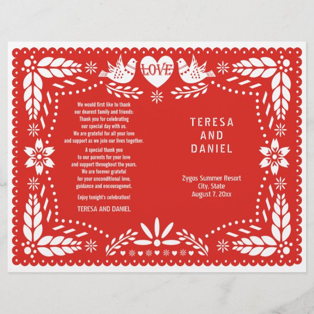 Papel Picado boda rojo fiesta plegado programa (Anverso)