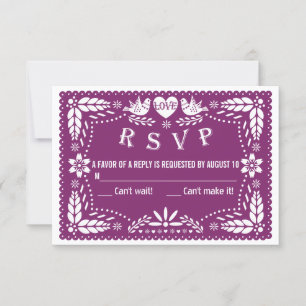 Papel picado de aves amorosas boda púrpura RSVP re