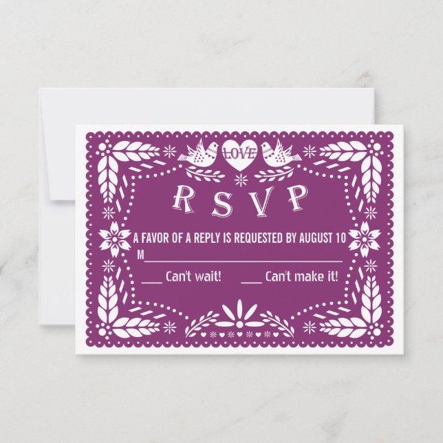 Papel picado de aves amorosas boda púrpura RSVP re (Anverso)