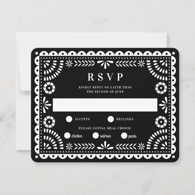 Papel picado negro | Tarjeta RSVP de respuesta del (Anverso)