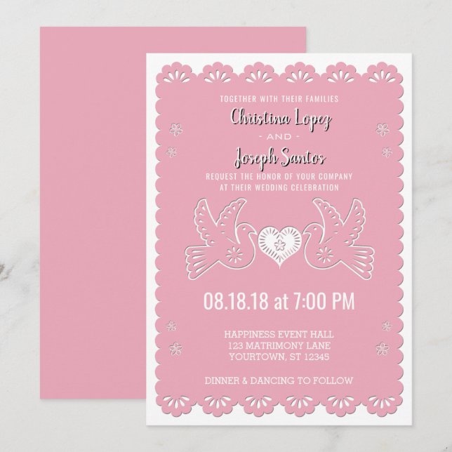 Papel Picado Pink Love Birds Wedding Invitación a  (Anverso / Reverso)