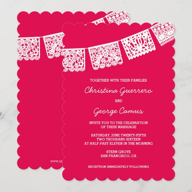 Papel picado rosa caliente | Invitación a la boda (Anverso / Reverso)