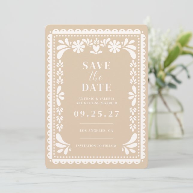 Papel Picado Save the Date Invitación Mexicana de  (Anverso de pie)