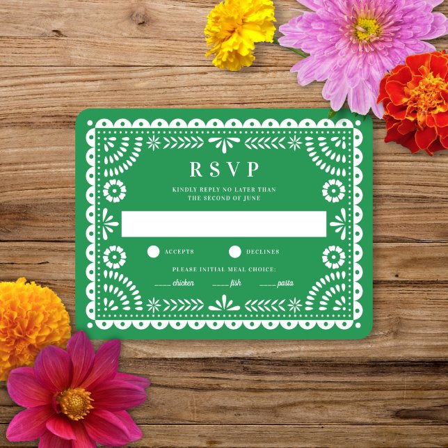Papel picado verde | Tarjeta RSVP de respuesta del (Subido por el creador)
