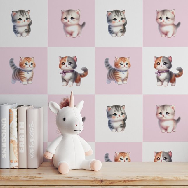 Papel Pintado 4 Gatitos purrfitos en rosa y blanco: pelar y pega (4 Purrfect Kittens on Pink & White: Peel and Stick Wallpaper)