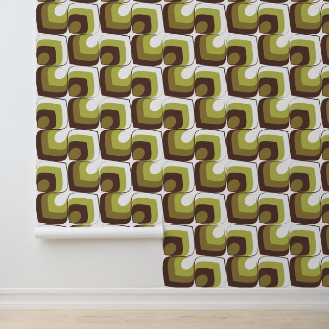 Papel Pintado 70s Bold Modern Retro Ogee Motif in Greens (Solicitud)