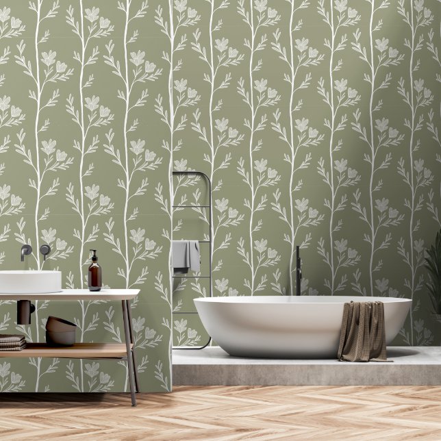 Papel Pintado A Quiet Journey XL2 white flowers pistachio green (Baño)