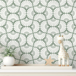 Papel Pintado Abanico de Palma Ogee Blanco y Verde Salvia Modern