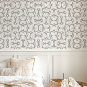 Papel Pintado Abanico de palma Ogee gris y blanco moderno