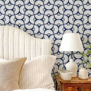 Papel Pintado Abanico Moderno de Palma Ogee Azul y Blanco de la