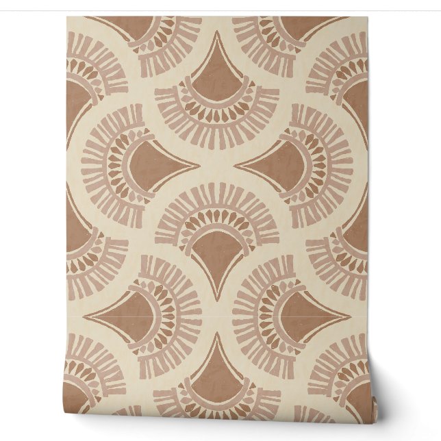 Papel Pintado Abanico Solar Geométrico Boho Texturizado - Marrón (Desenrollar)