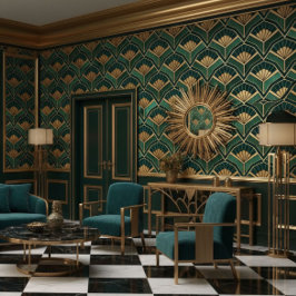 Papel Pintado Abanicos Art Deco de Oro Verde