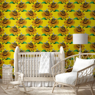 Papel Pintado Abeja en diseño de patrón de flor de girasol amari