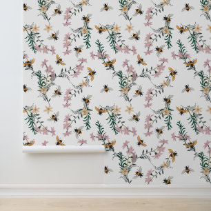 Papel Pintado Abejas con flores silvestres acuarelas