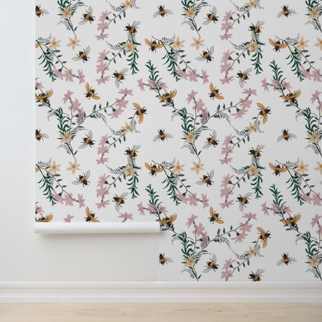 Papel Pintado Abejas con flores silvestres acuarelas (Solicitud)