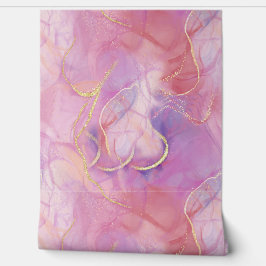 Papel Pintado Acabado de mármol rosa y blanco con oro escobillad