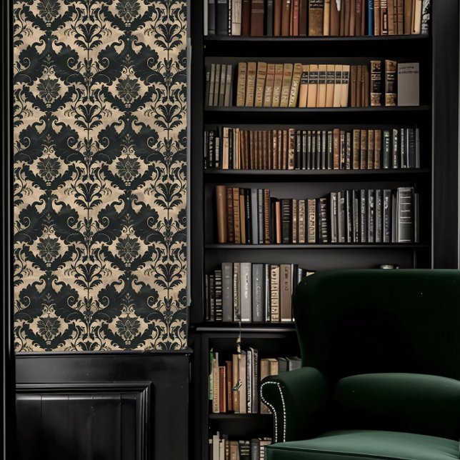 Papel Pintado Academia Oscura Decorativa Negra y Beige (Dark Academia Black and Beige Decorative Wallpaper in a library.)
