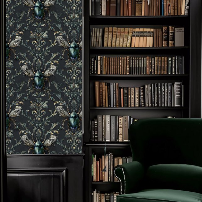 Papel Pintado Academia Oscura Elegante Escarabajos Verdes (Dark Academia Elegant Green Beetles Wallpaper in a library.)