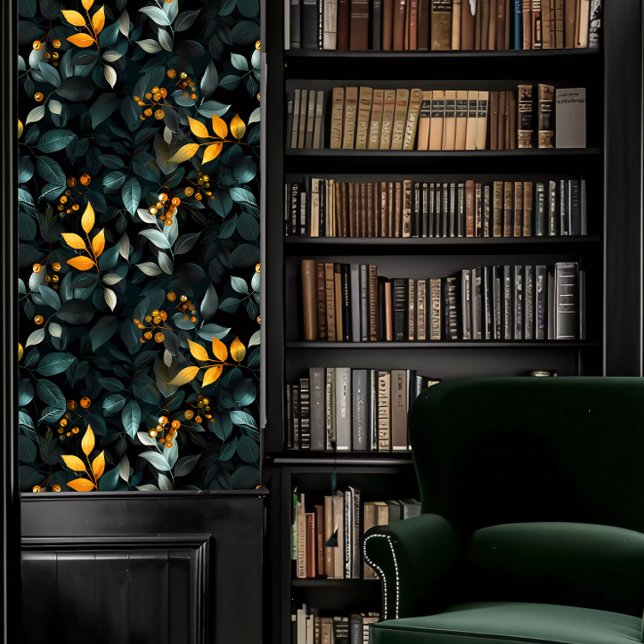 Papel Pintado Academia Oscura Esmeralda y Foliage Golf (Dark Academia Emerald and Golf Foliage Wallpaper in a library.)