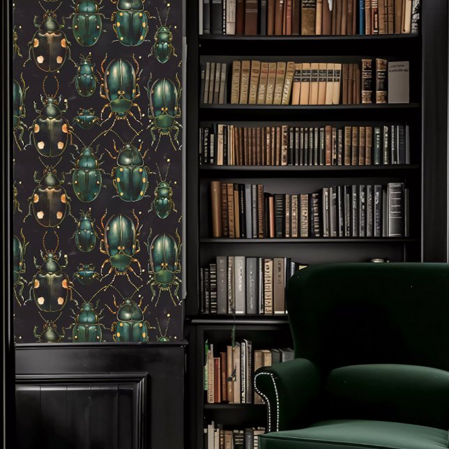 Papel Pintado Academia Oscura Grandes escarabajos verdes (Dark Academia Large Green Beetles Wallpaper in a library.)
