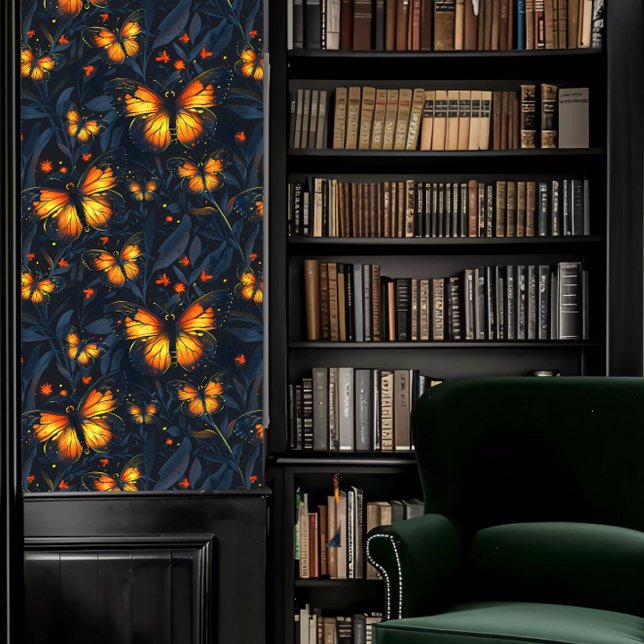 Papel Pintado Academia oscura Pequeñas mariposas brillantes (Dark Academia Small Glowing Butterflies Wallpaper in a library.)