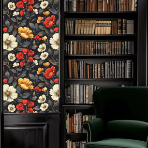 Papel Pintado Academia oscura roja, amarilla y floral blanca