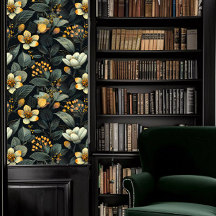 Papel Pintado Academia oscura Verde azulada y floral amarilla