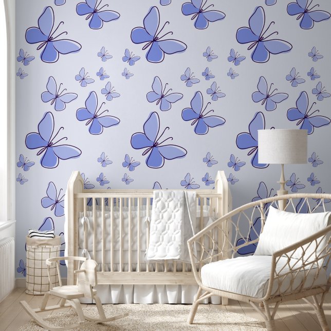 Papel Pintado Acento de doodle de mariposa azul cúrcuma periwink (Niños)