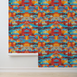 Papel Pintado Acogedora aldea cubierta de nieve de noche