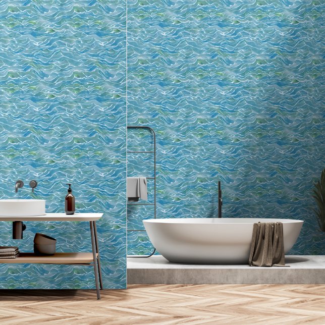 Papel Pintado Acuarela acuática atractiva Ola azul (Baño)