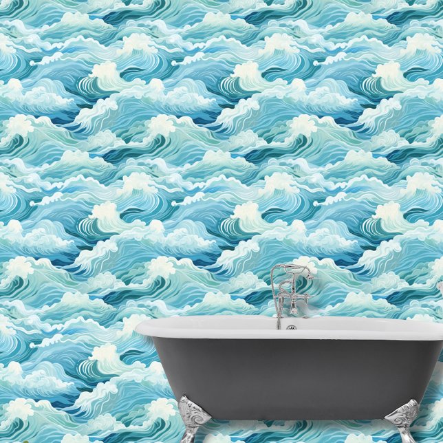 Papel Pintado Acuarela Azul Blanco Abstracto Olas de mar Costa (Subido por el creador)