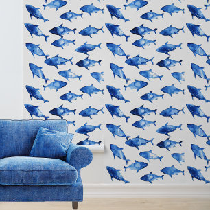 Papel Pintado Acuarela Azul Náutica De Pescado