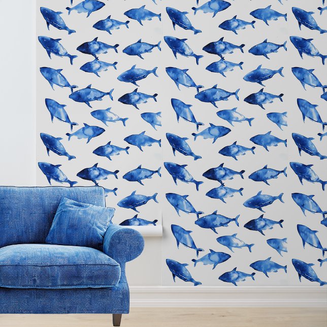 Papel Pintado Acuarela Azul Náutica De Pescado (Subido por el creador)