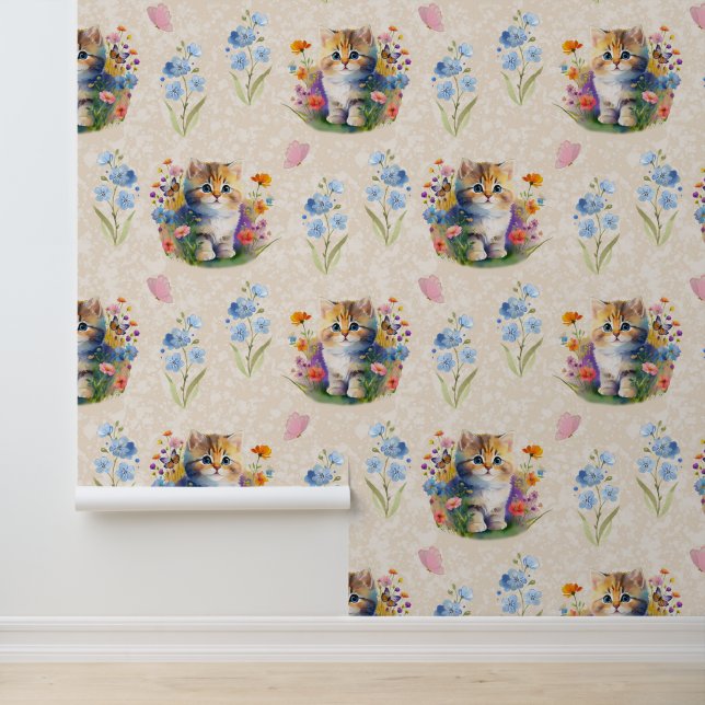 Papel Pintado Acuarela Bebé Gatito Flor Mariposa Crema (Solicitud)