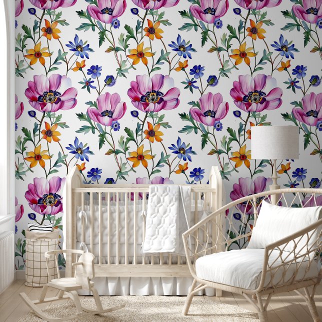 Papel Pintado Acuarela Bonito morado y amarillo floral (Niños)